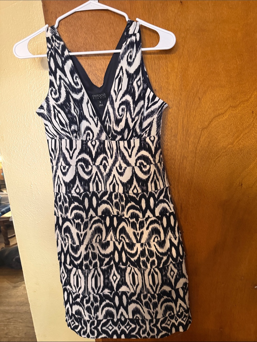 Enfocus Studio Black and White Patterned V-Neck Mini Dress